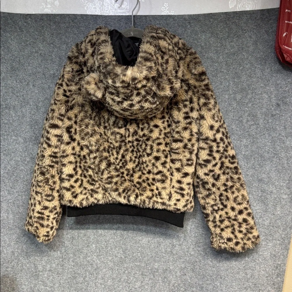 Cat & Jack faux fir cheetah leopard hooded full zip up lined jacket coat S